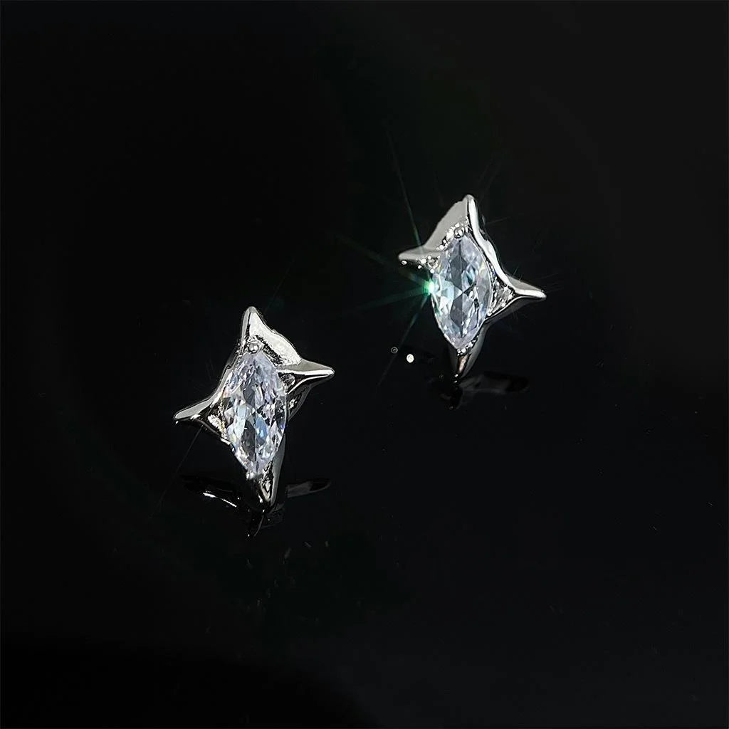 Sweet Cool Copper Micro Pave Zircon Starburst Rhombus Stud Earrings Minimalist Metallic Style