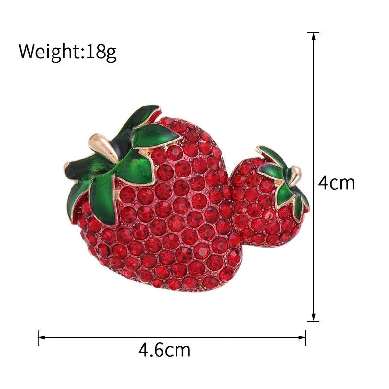 Luxury Full Rhinestone Double Strawberry Alloy Enamel Brooch, Cute Fruit Lapel Pin Corsage Gift