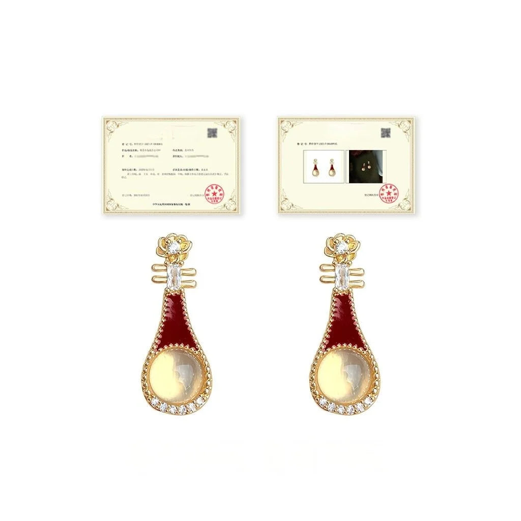 Chinese Style Pipa Agate Drop Earrings With Burgundy Enamel And Micro Pave Zircon