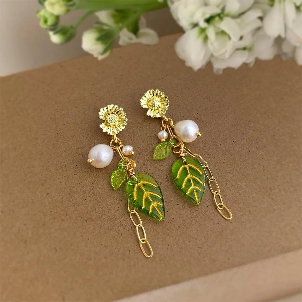 Natural Freshwater Pearl Floral Leaf Tassel Drop Earrings Handmade Forest Style Jewelry