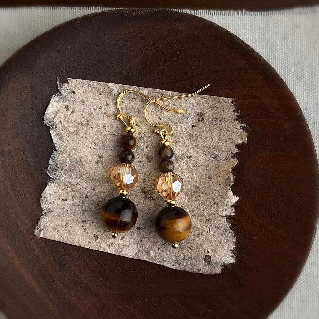 Handmade Chinese Style Tiger Eye Glass Crystal Round Geometric Tassel Drop Earrings