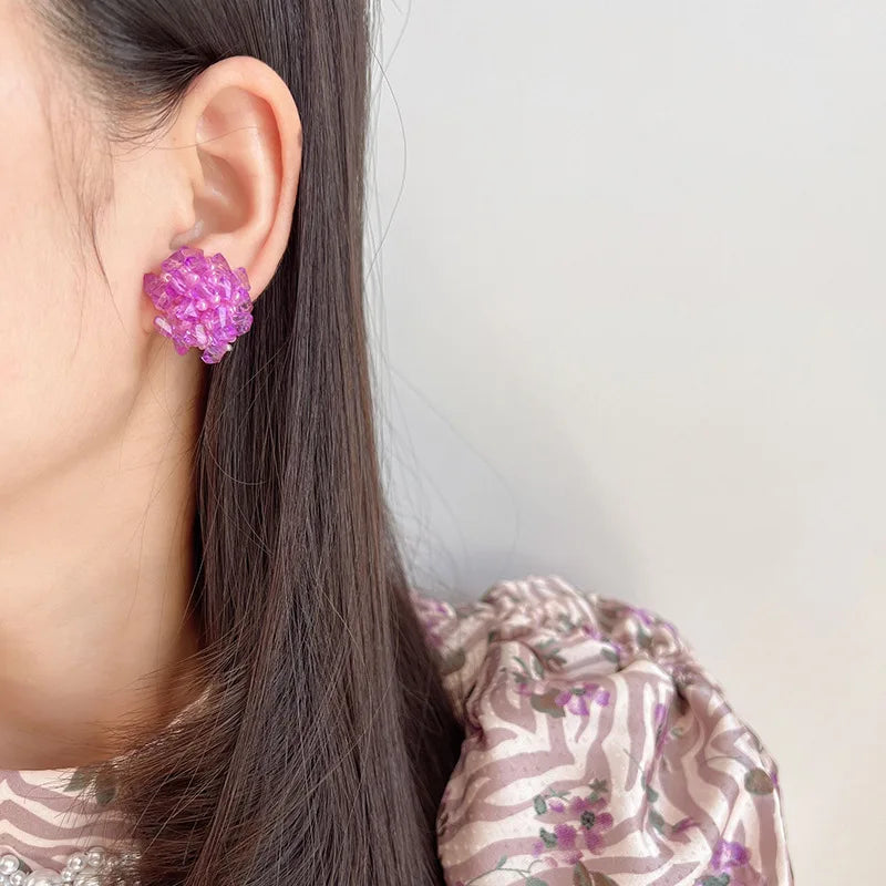Elegant Purple Crystal Beaded Flower Stud & Clip On No Piercing Handmade Pearl Cluster Earrings