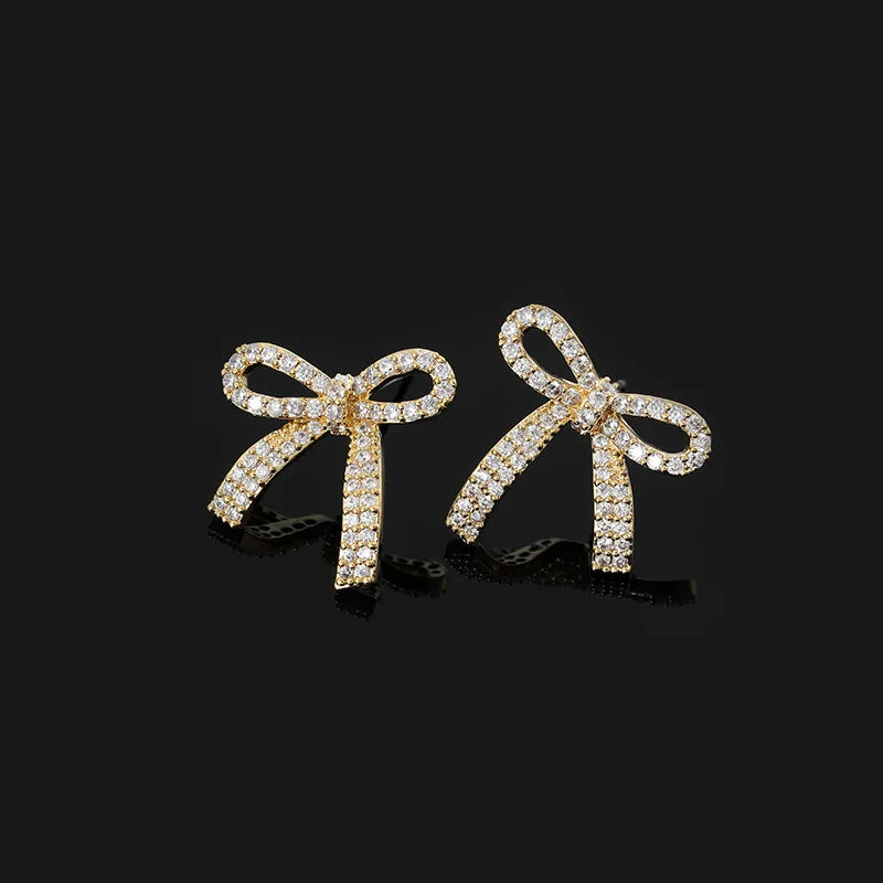 Luxury Gold Alloy Zircon Pave Bow Knot Stud & Clip On No Piercing Fashion Jewelry Earrings