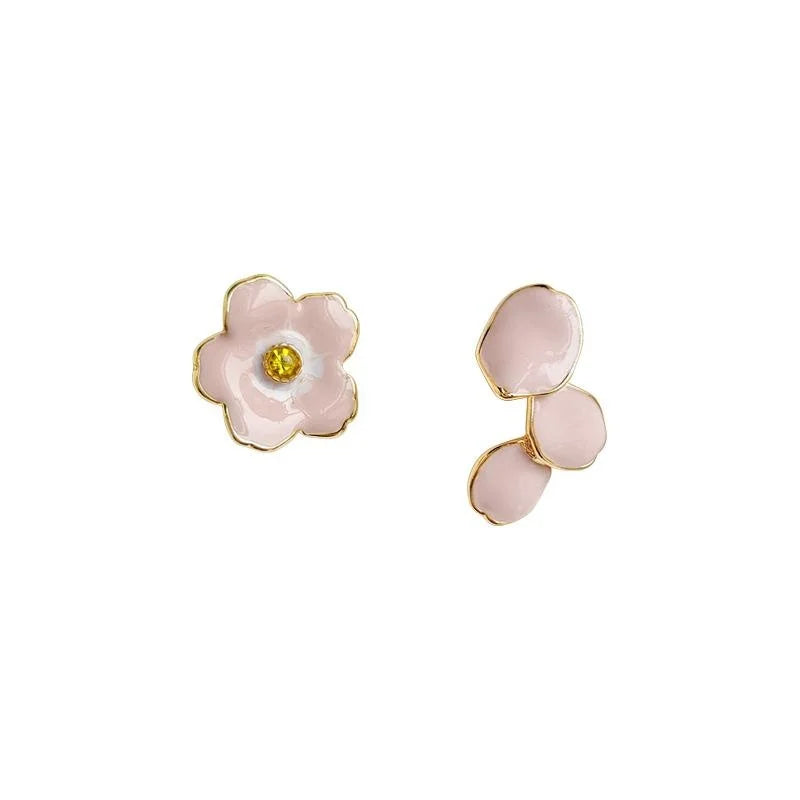 Sweet Asymmetric Pink Cherry Blossom Copper Stud Earrings 14K Plated Oil Drip Floral Jewelry