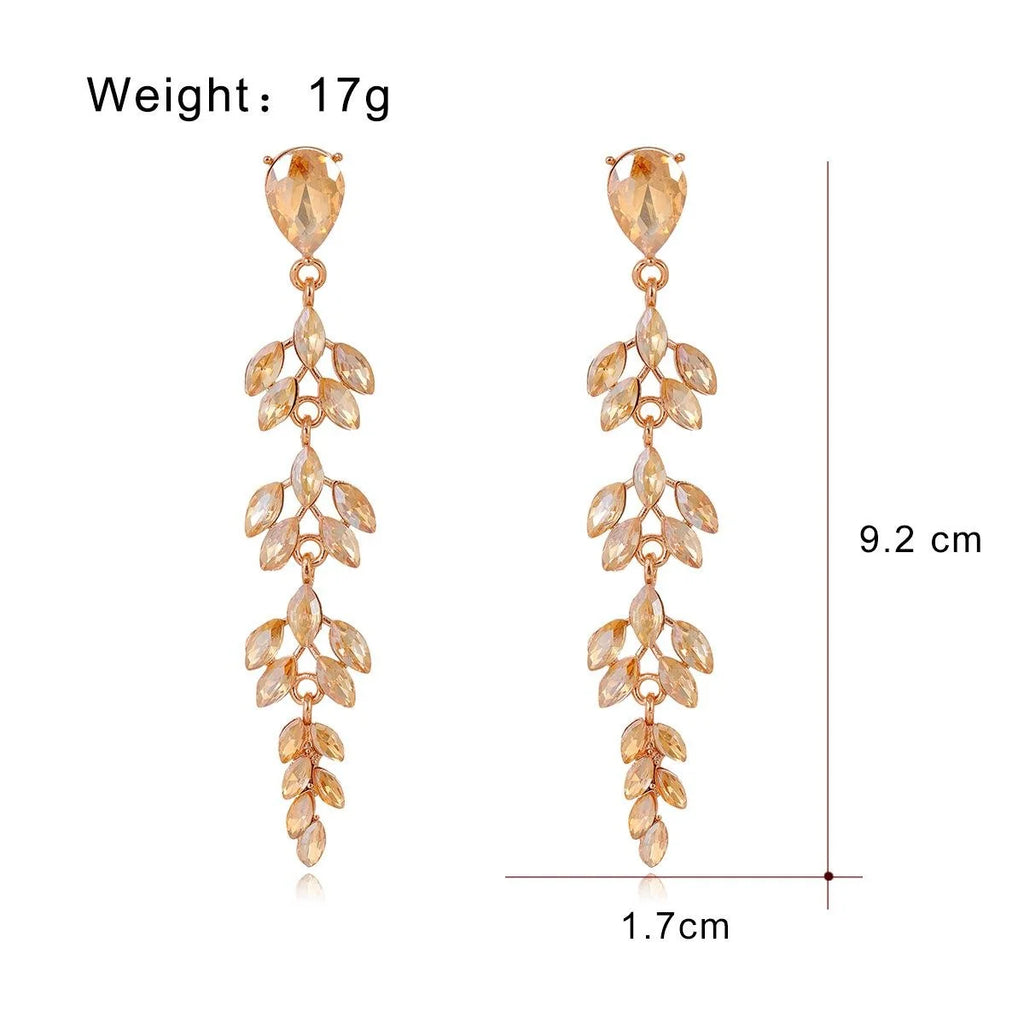Luxury Blue Crystal Wheat Leaf Long Dangle Earrings, Alloy Rhinestone Drop Jewelry For Wedding Party