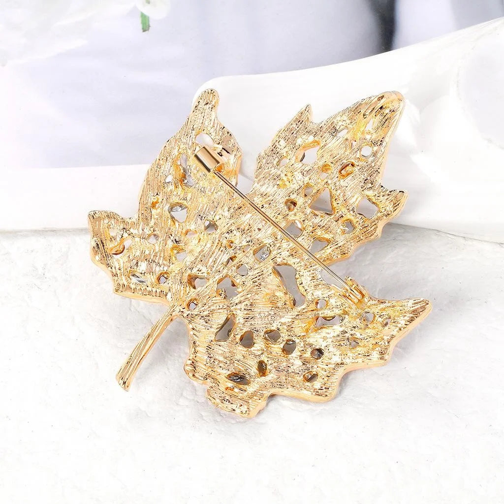 Luxury Enamel Maple Leaf Brooch With Rhinestone Crystals, Elegant Lapel Pin Corsage Suit Accessory Gift