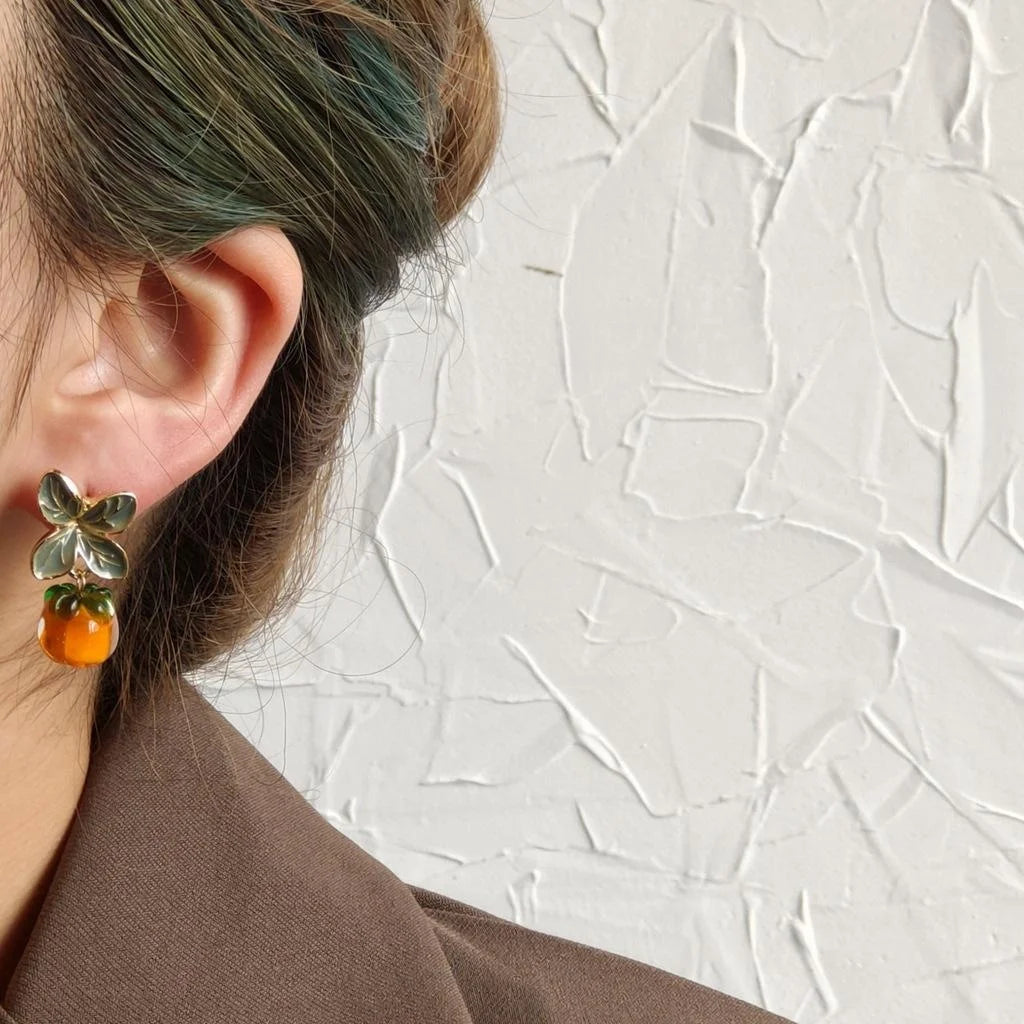Vintage Japanese Glass Persimmon Drop Earrings 14K Gold Plated Fruit Jewelry