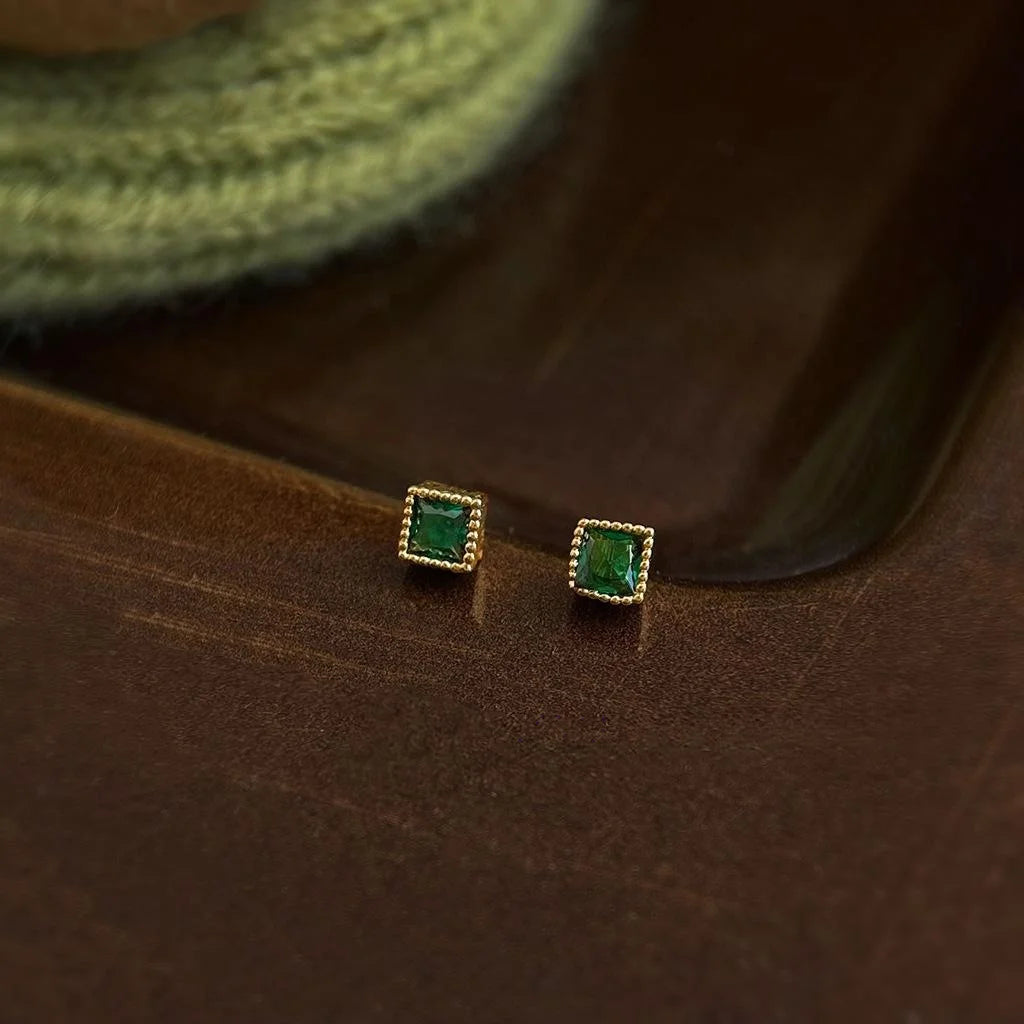 14K Plated Copper Square Sugar Zircon Mini Stud Earrings For Fashion OL Everyday Wear