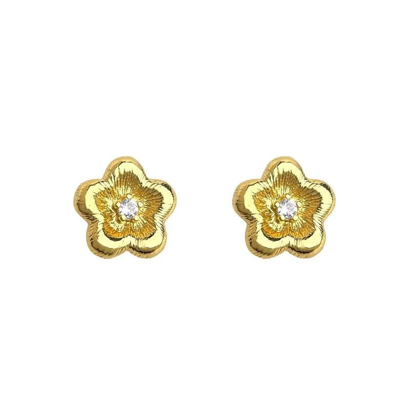 Vintage Brushed 14K Gold Plated Copper Flower Zircon Stud Earrings