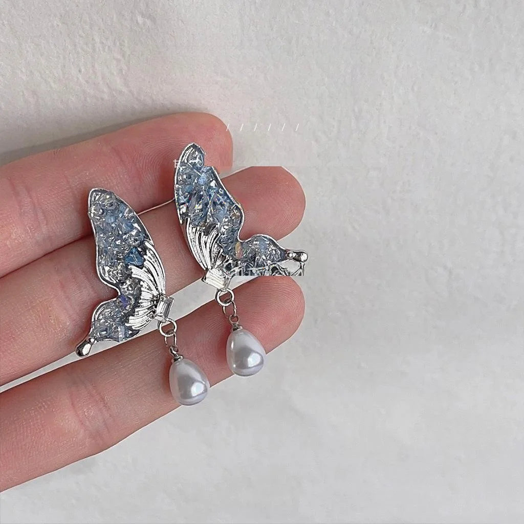 Glass Crystal Butterfly Stud Earrings Silver Plated Pin Light Luxury Spring Jewelry