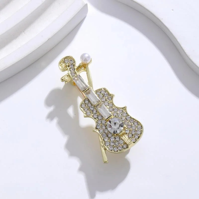 Elegant Violin Brooch With Sparkling Rhinestones And Pearl Accent, Gold Tone Alloy Lapel Pin Gift