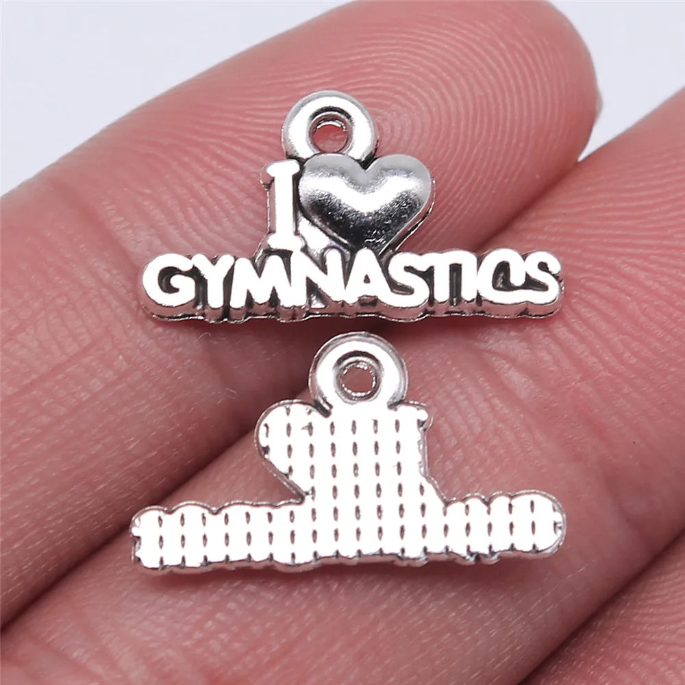 20x11mm 0.9g Antique Silver Zinc Alloy I Love Gymnastics Charm Pendant for DIY Sports Jewelry