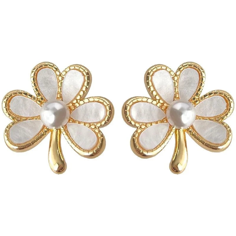 14K Gold Plated Copper Three Petal Flower Pearl Stud Earrings Sweet Elegant Minimalist Jewelry