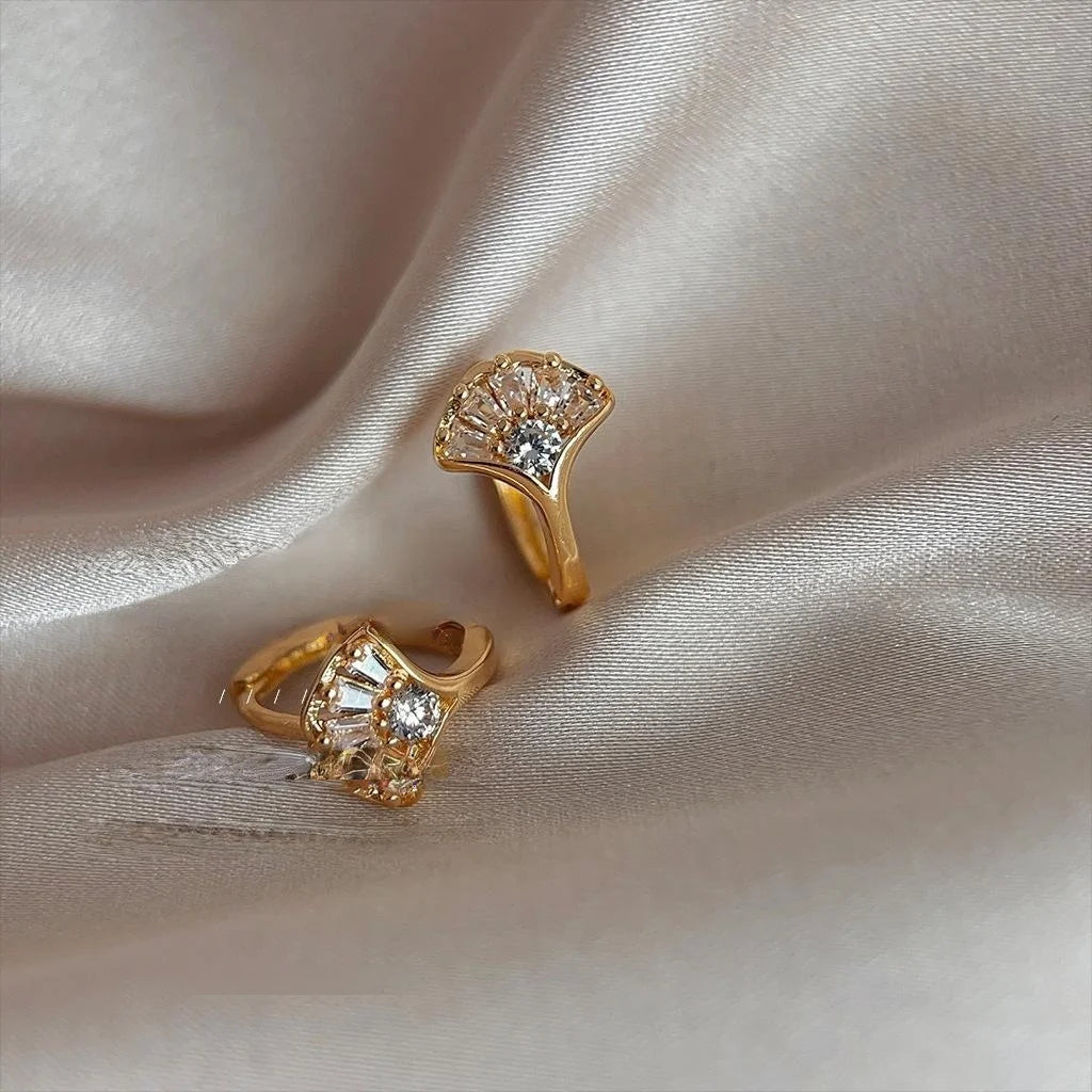 Micro Pave Zircon Copper Ginkgo Leaf Fan Geometric Stud Earrings French Light Luxury