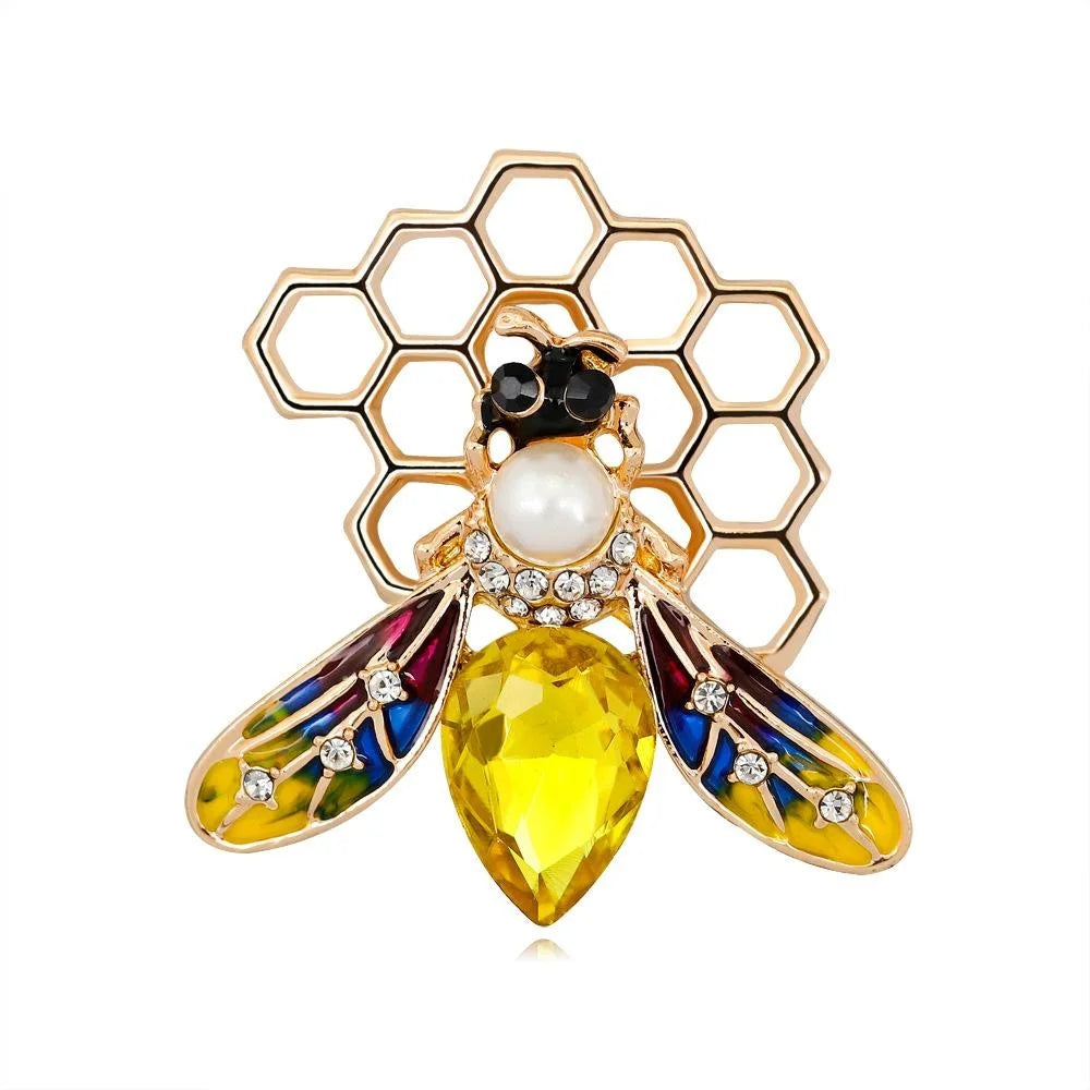 Luxury Enamel Bee Honeycomb Brooch With Pearl Rhinestone Alloy Lapel Pin Corsage Gift For Women