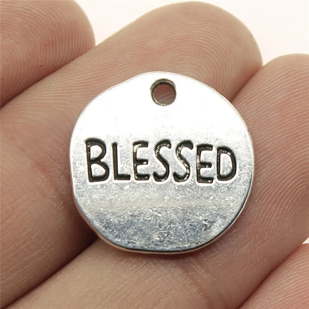 18x18mm 2.9g Antique Silver Zinc Alloy blessed Word Tag Letter Charm Pendant for DIY Bracelet Necklace