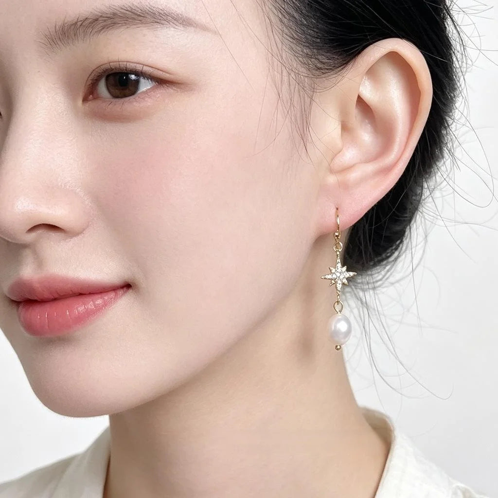 Freshwater Pearl Zircon Eight-Point Star Handmade Drop Earrings Light Luxury Geometric Jewelry