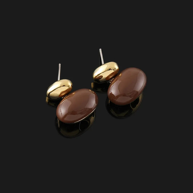 Elegant Gold Alloy Spiral Disk Coffee Enamel Bean Stud & Clip On No Piercing Drop Earrings