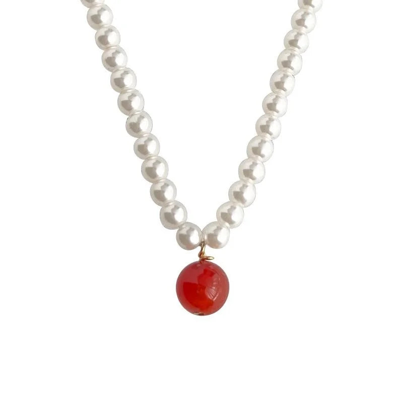 Light Luxury Red And Green Agate Glass Pearl Geometric Choker Necklace