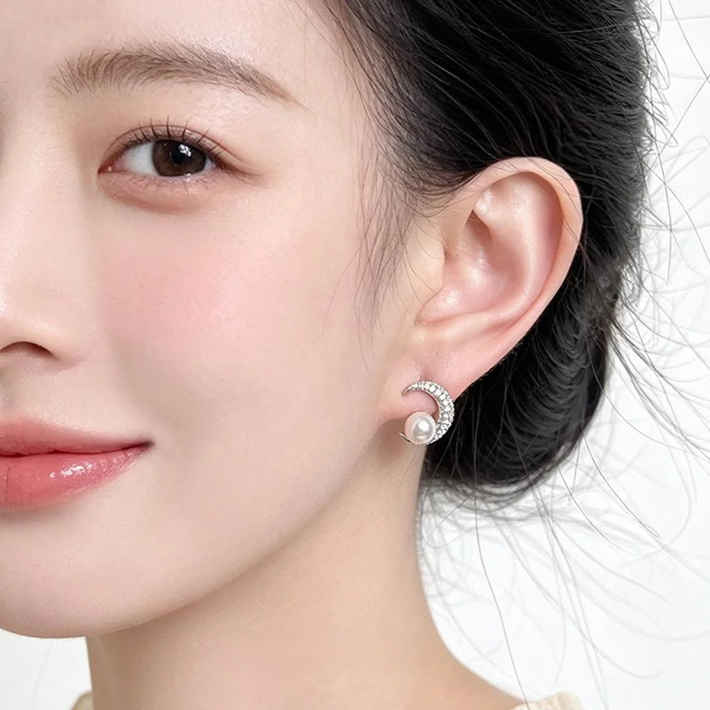 Copper Pearl Moon Stud Earrings Micro Pave Zircon Geometric Light Luxury Fashion Jewelry