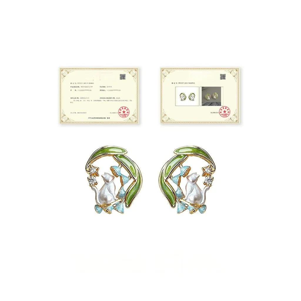 Cute Cat And Orchid Painted Micro Pave Zircon Copper Stud Earrings With Silver Plated Pins