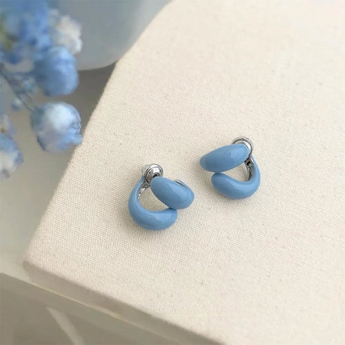 Blue Enamel Line Geometric Stud Earrings, Two-Way Minimalist Copper Ear Jewelry