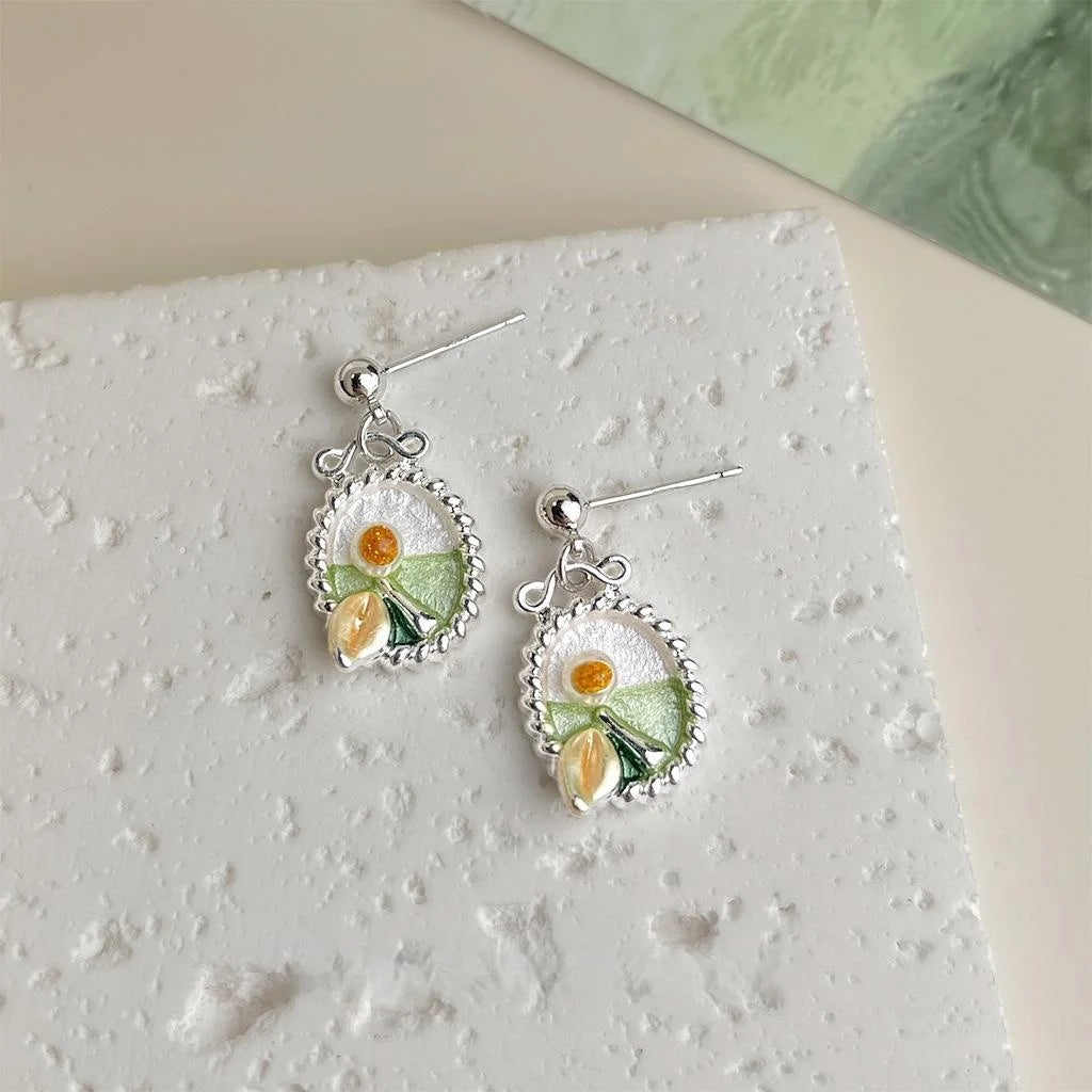 Forest Style Copper Enamel Flower Leaf Drop Earrings Handmade Monet Garden Jewelry