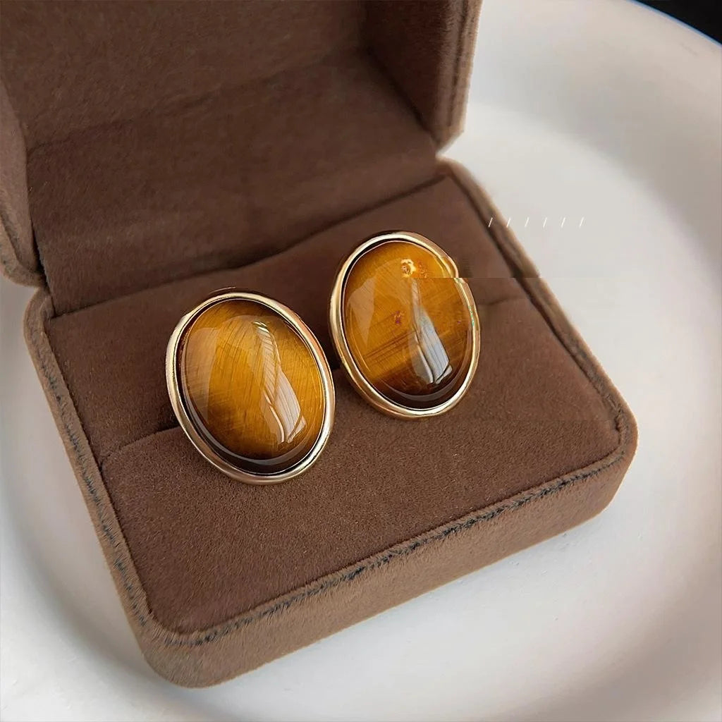 Vintage Tiger Eye Oval Geometric Stud Earrings 14K Plated Copper Natural Stone Ear Jewelry