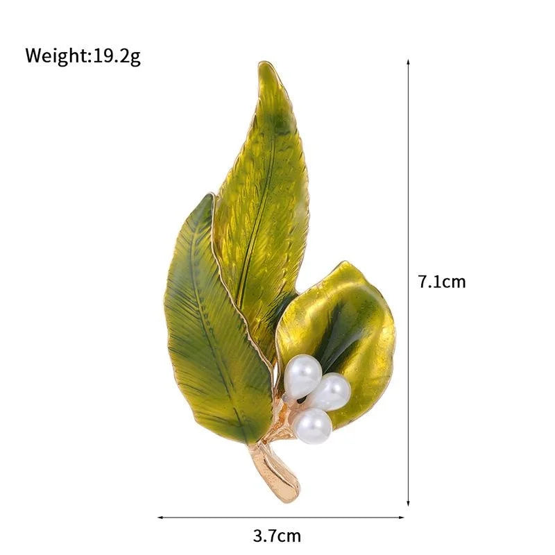 Elegant Enamel Green Leaf And Pearl Brooch, Botanical Corsage Lapel Pin For Dresses And Suit Accessory