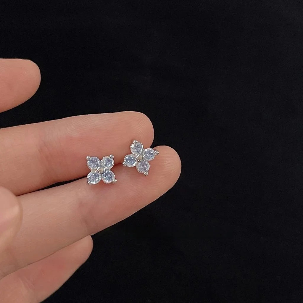 Mini Micro Pave Zircon Lucky Flower Copper Stud Earrings, Silver Plated Simple Daily Jewelry