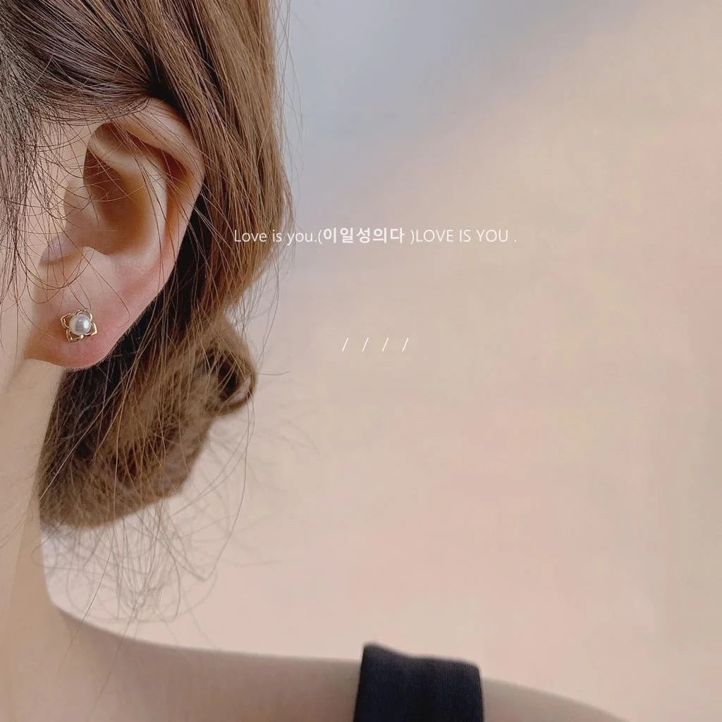 14K Plated Copper Flower Pearl Stud Earrings, Mini Minimalist Korean Style Earrings