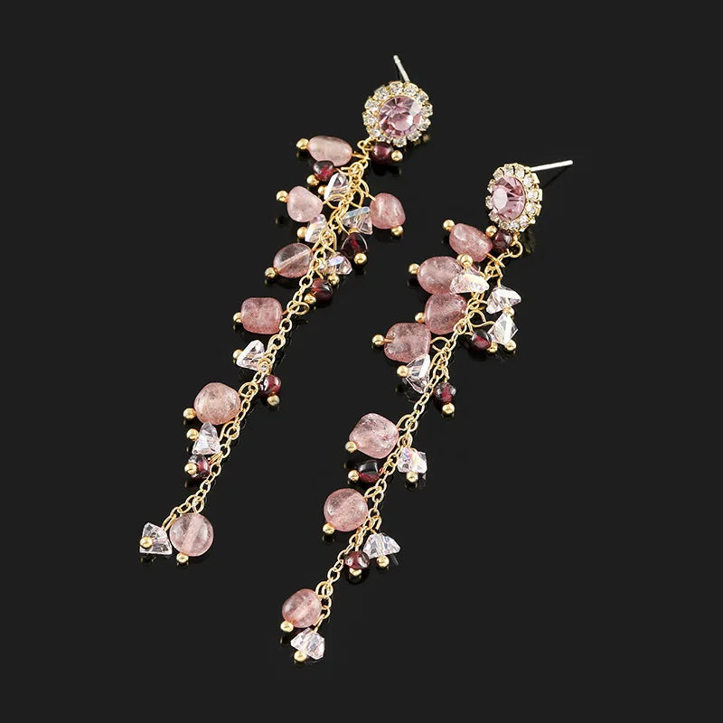 Luxury Pink Natural Stone Rhinestone Long Chain Tassel Stud & Clip On No Piercing Earrings