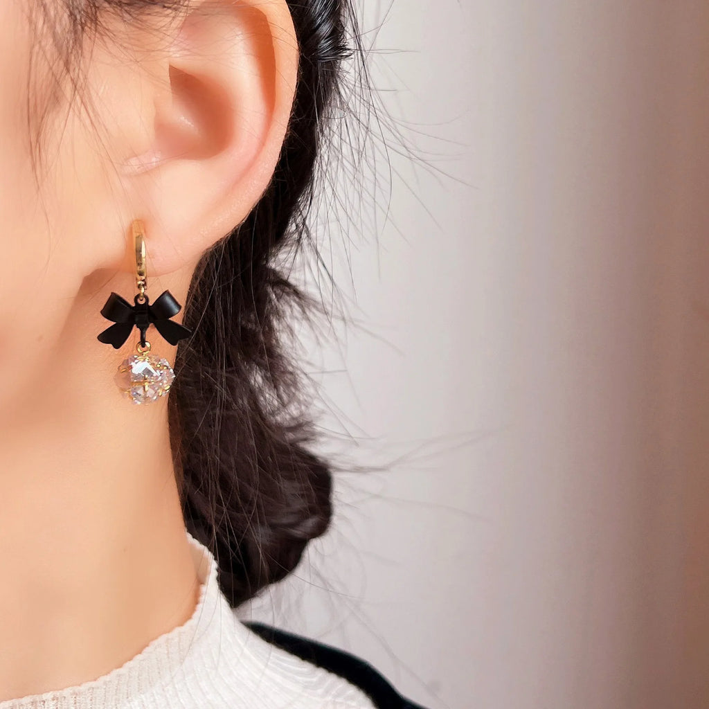 Vintage Black Bow Alloy Zircon Crystal Drop Stud & Clip On No Piercing Luxury Dangle Earrings