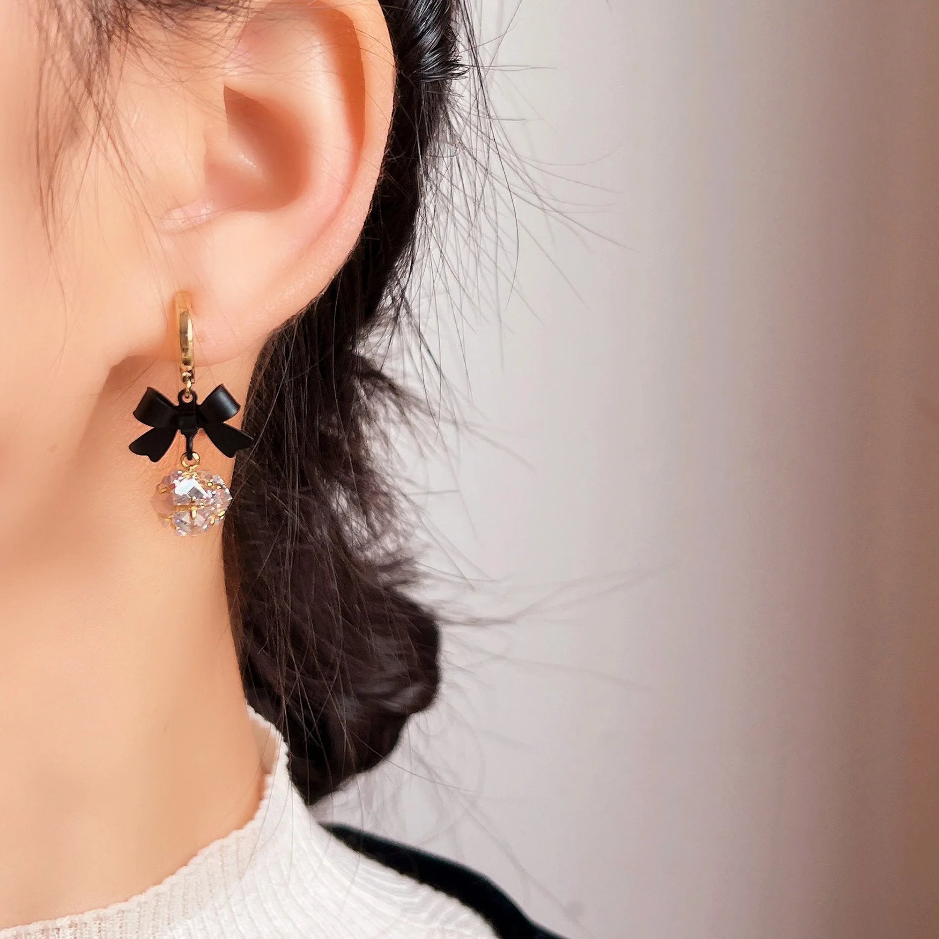 Vintage Black Bow Alloy Zircon Crystal Drop Stud & Clip On No Piercing Luxury Dangle Earrings