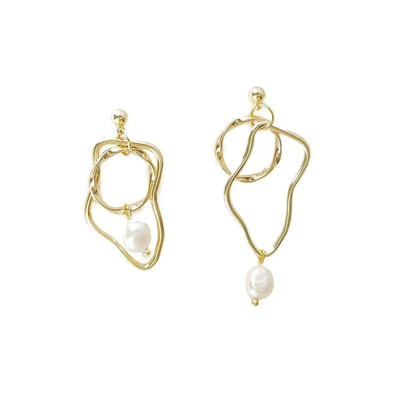 Handmade Copper Freshwater Pearl Stud Earrings Irregular Geometric Silver Plated Pin Jewelry