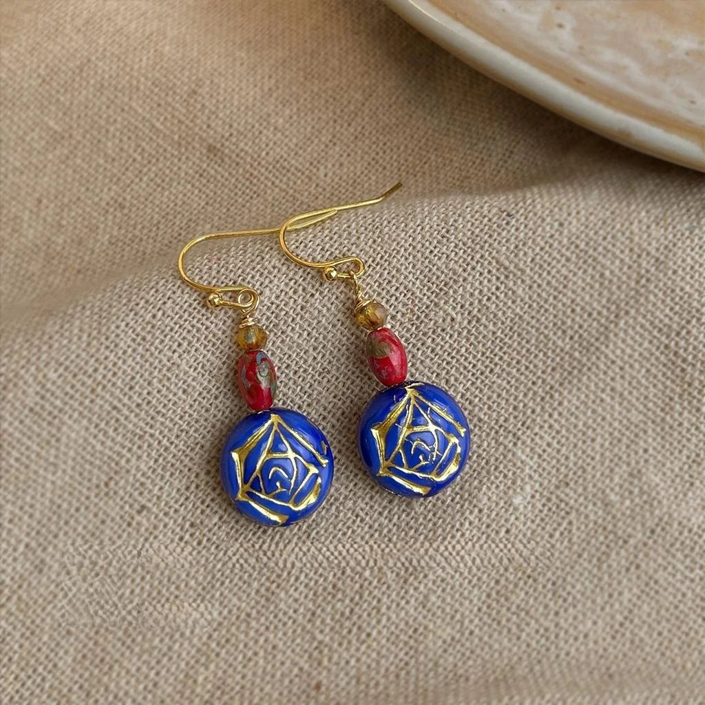 Vintage New Chinese Style Blue Glass Crystal Rose Geometric Round Drop Earrings