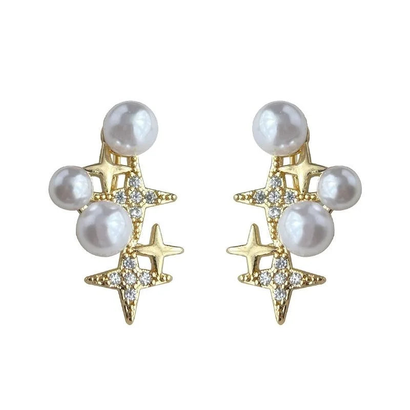 Light Luxury Copper Micro Pave Zircon Star Stud Earrings With High Luster Pearl Geometric Design