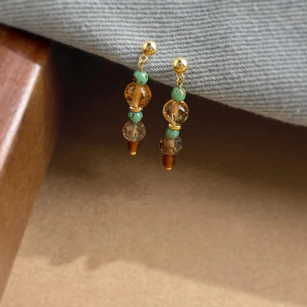 Vintage Ethnic Geometric Copper Citrine Glass Crystal Drop Earrings For Women