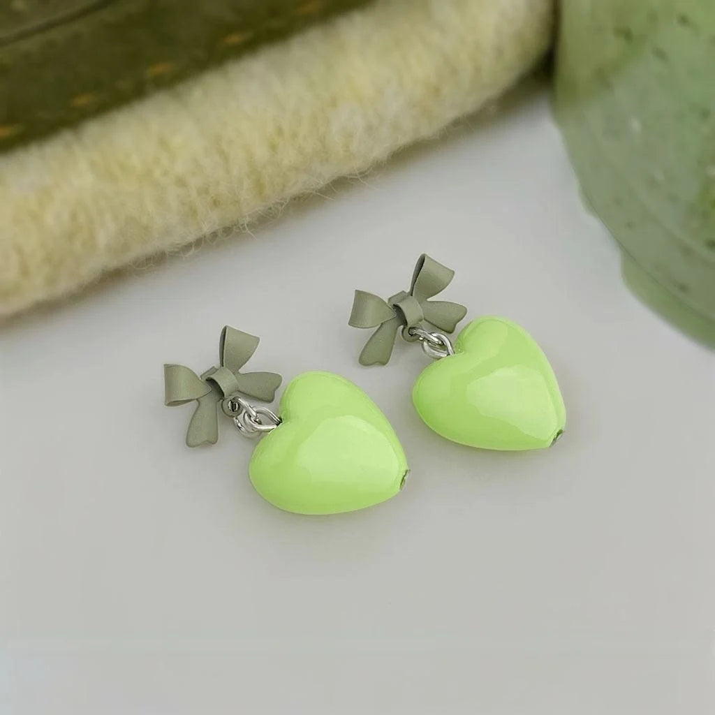 Avocado Green Resin Bow Heart Drop Earrings Sweet Fresh Dopamine Style Yiwu Jewelry