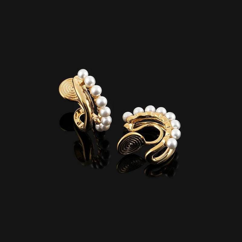 Elegant Geometric Pearl Hoop Ear Cuffs In Gold Alloy, Stud & Clip On No Piercing Everyday Earrings
