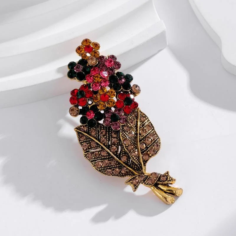 Vintage Rhinestone Flower Bouquet Leaf Basket Brooch For Women, Elegant Alloy Lapel Pin Suit Accessory Gift