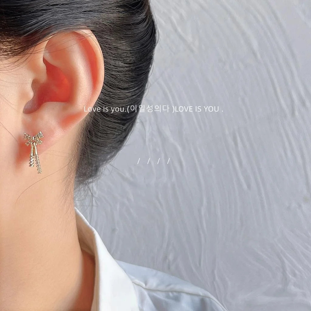 Mini 14K Gold Plated Copper Bow Stud Earrings With Micro Pave Zircon Simple Style