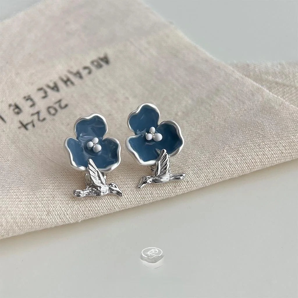 Premium Copper Enamel Flower Bird Stud Earrings Forest Style Hong Kong Fashion Jewelry