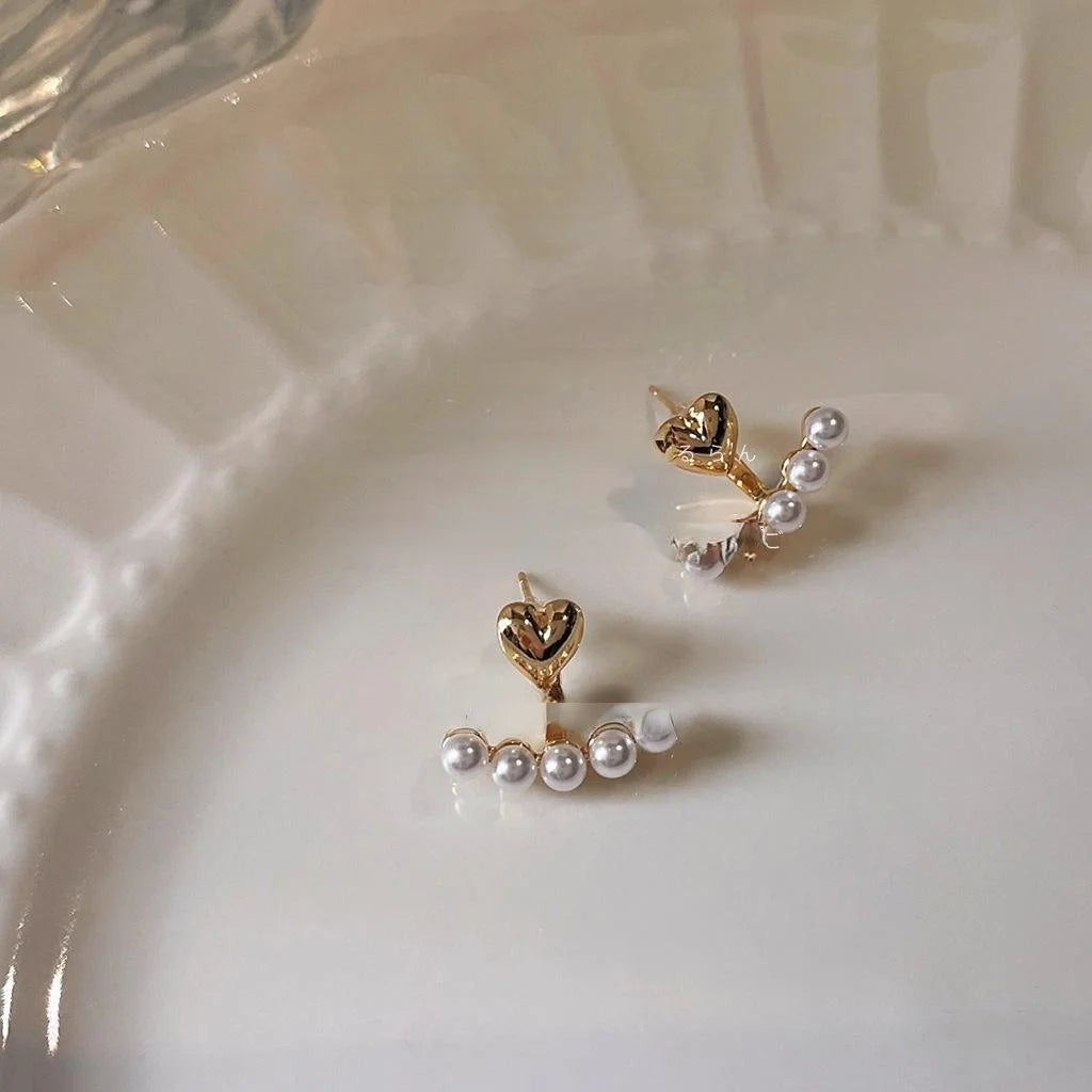 14K Plated Copper Heart Pearl Stud Earrings For Women, Korean Minimalist Two-Way Ear Jewelry