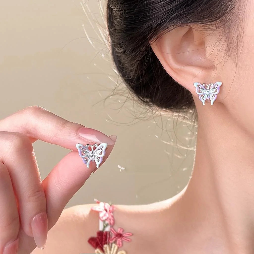 Sweet Colorful Enamel Hollow Butterfly Copper Stud Earrings