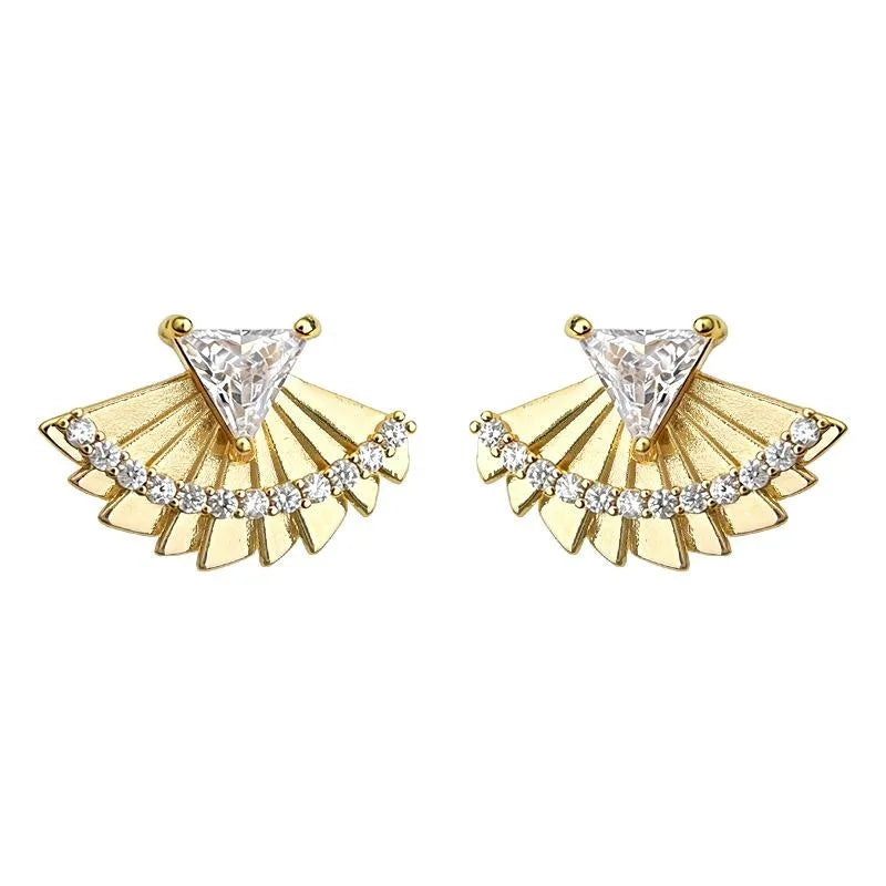 Designer Chinese Trend Fan Leaf Geometric Zircon Eco-Friendly Copper Stud Earrings With Silver Plated Pins