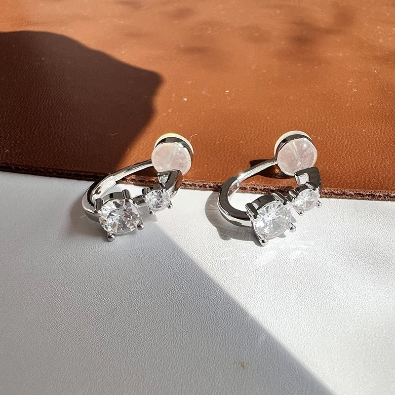 Elegant Zircon Hoop Ear Cuff Stud & Clip On No Piercing Silver Tone Minimalist Circle Earrings