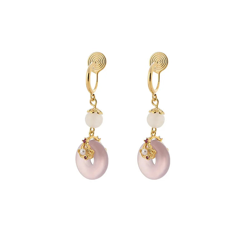 Elegant Pink Donut Peace Buckle Alloy Pearl Drop Stud & Clip On No Piercing Vintage Earrings