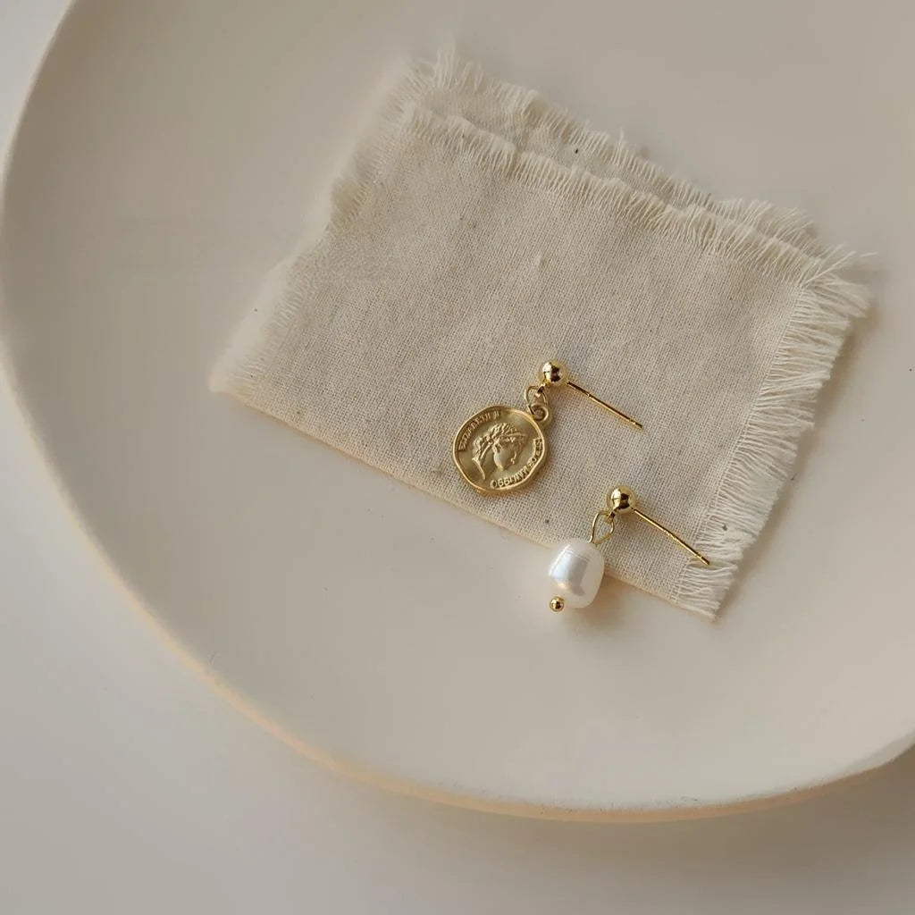 Gold Plated Freshwater Pearl Stud Earrings Handmade Asymmetric Baroque Portrait Design