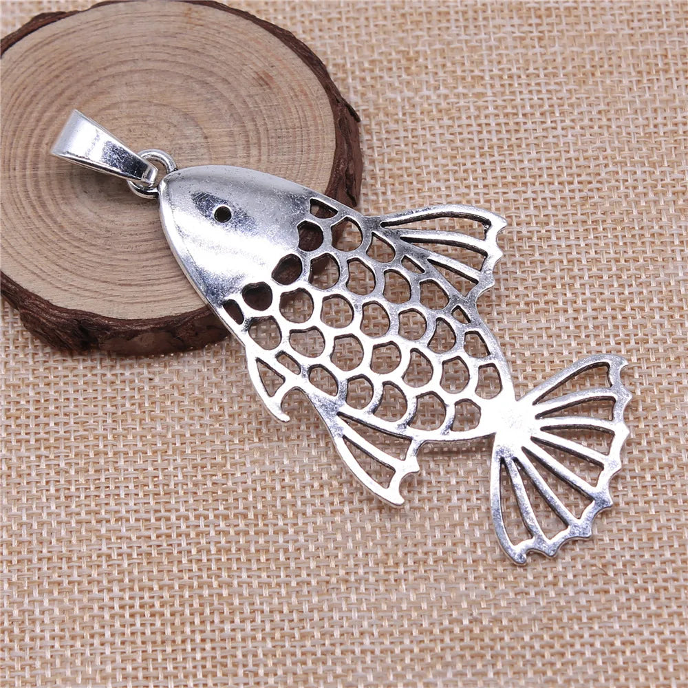 84x44mm 14g Antique Silver Zinc Alloy Hollow Fish Charm Pendant for DIY Necklace Jewelry Making